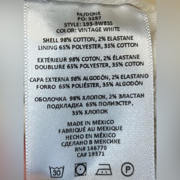 NWT Re/Done 80s Slim Straight Jeans in Vintage White, Button Fly, Size 26. - Picture 9 of 11